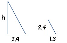 Right triangles representing a tree and a stick with their respective heights and shadow lengths.