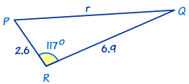 Obtuse triangle with sides 6.9 and 2.6 and an included angle of 117 degrees.