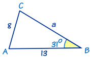 Triangle with angle B=31 degrees, side b=8, and side c=13