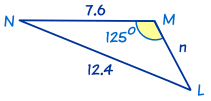Obtuse triangle with angle M=125 degrees, side m=12.4, and side l=7.6