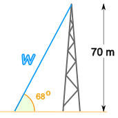 Right triangle with a 70m vertical mast, unknown hypotenuse w, and 68 degree angle at the base.