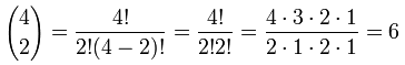 binomial 4 choose 2 <em>=</em> 4! / 2!(4-2)!