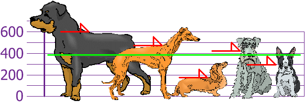 Dog height bar chart with a horizontal line at 394mm representing the mean