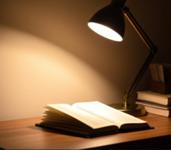 Desk with lamp illuminating surface